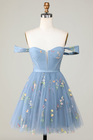 Cute A Line Sweetheart Grey Blue Short Homecoming Dress med broderi